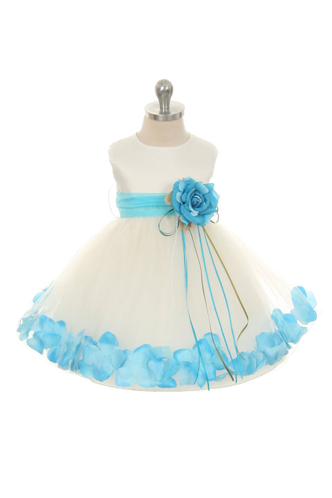 Satin Flower Petal Baby Dress With Organza Sash (White Dress)