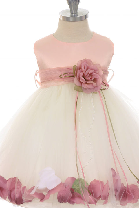 Rose Top Satin Flower Petal Baby Dress With Organza Sash