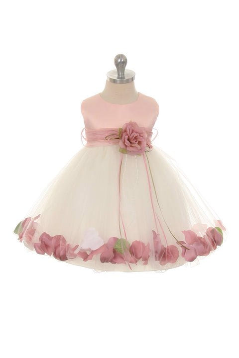Rose Top Satin Flower Petal Baby Dress With Organza Sash