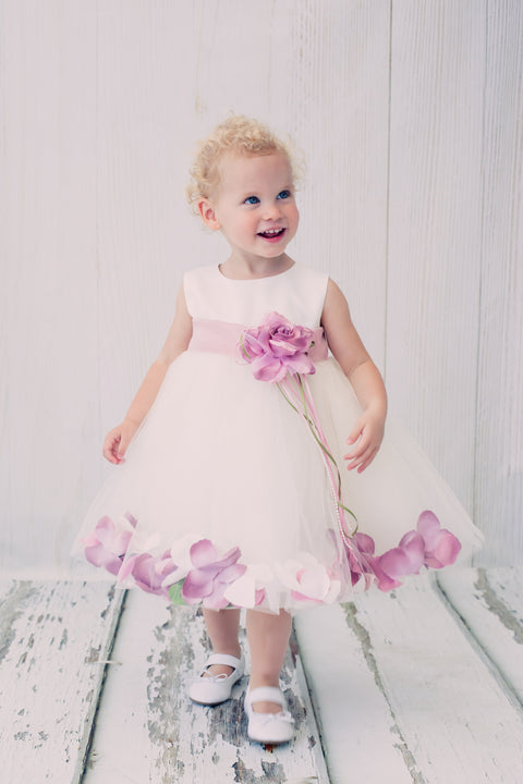 Satin Flower Petal Baby Dress With Organza Sash (White Dress)