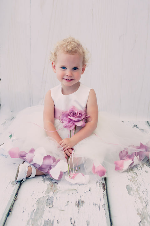 Satin Flower Petal Baby Dress With Organza Sash (White Dress)