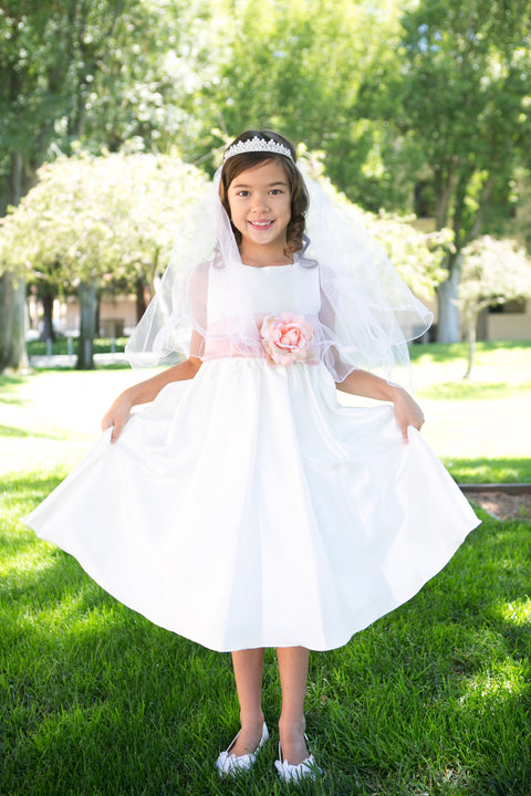 Poly Silk Organza Sash Girl Dress (Ivory Dress)