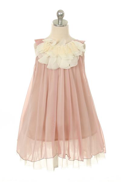 Chiffon Dress w Flower Ruffle Neckline