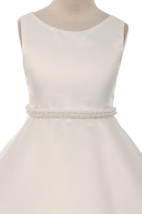 Long Satin Pearl Trim Communion Dress