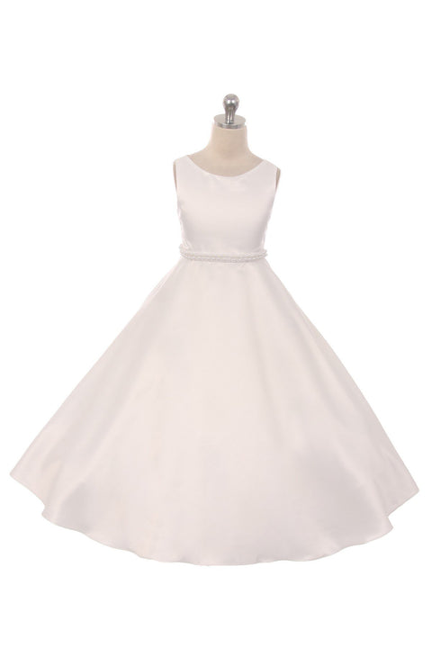 Long Satin Pearl Trim Communion Dress