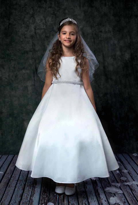Long Satin Pearl Trim Communion Dress