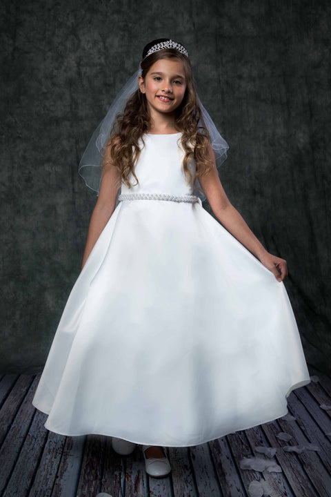 Long Satin Pearl Trim Communion Dress