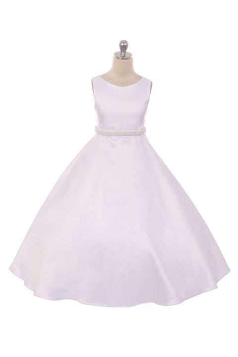 Long Satin Pearl Trim Communion Dress