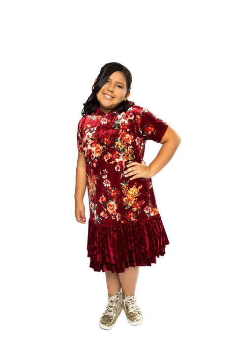 Plus Size Floral Hoodie Ruffle Dress