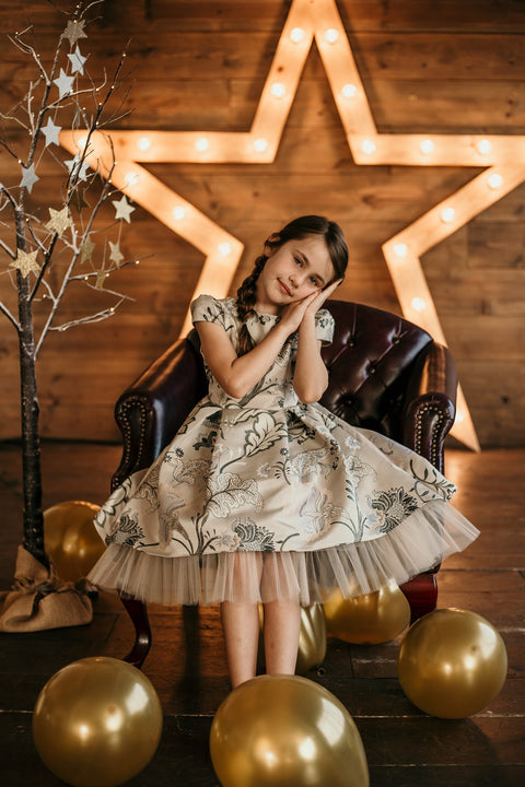 Cap Sleeve Hi-Lo Jacquard Tulle Dress