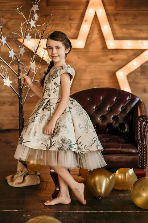 Cap Sleeve Hi-Lo Jacquard Tulle Dress