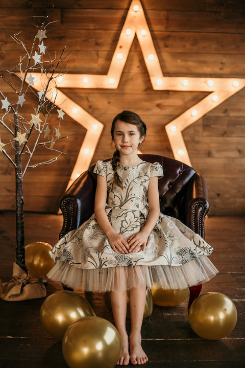 Cap Sleeve Hi-Lo Jacquard Tulle Dress