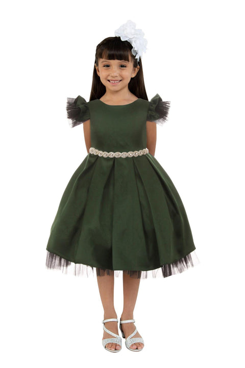 Satin Tulle Sleeve Rhinestone Dress