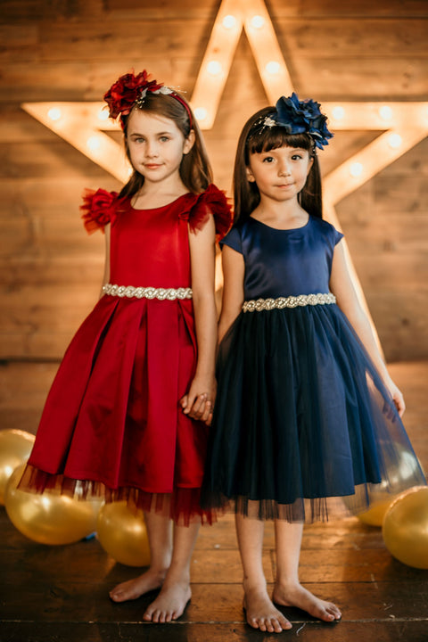 Satin Tulle Sleeve Rhinestone Dress