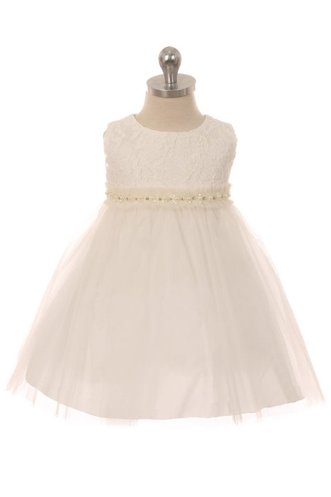 Lace Baby Dress w/ Mesh Pearl Trim