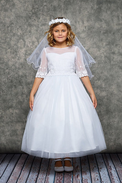 Girl wearing Kids Dream Holy Communion half sleeve mesh dress with satin flower veil. 