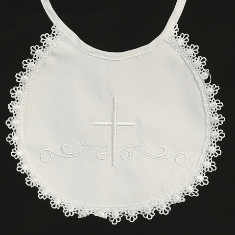 Cotton Bib With Embroidered Cross & Lace Trim