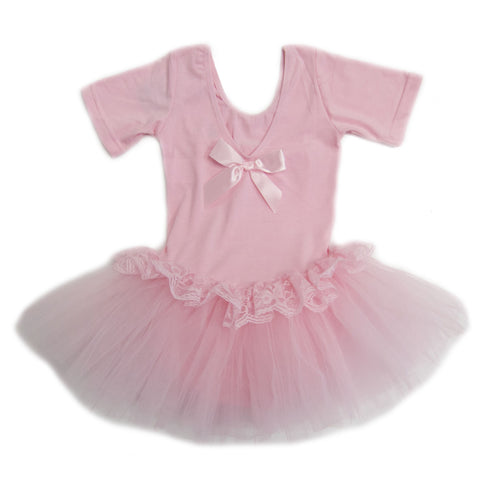 Pink Lace Flower Short Sleeve Ballet Dress