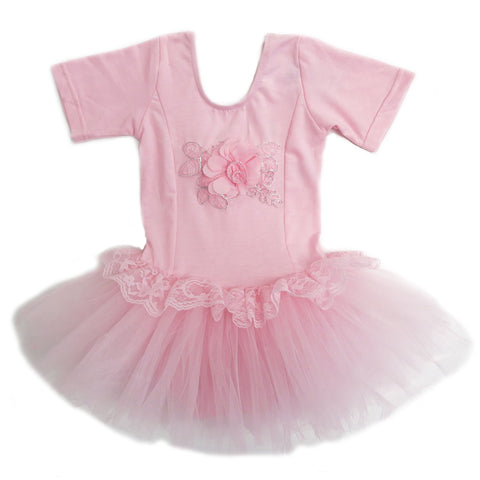 Pink Lace Flower Short Sleeve Ballet Dress