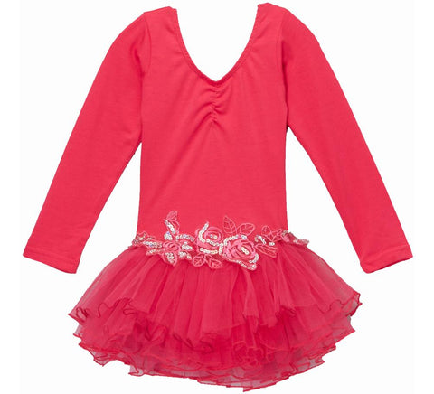 Hot Pink Glitter Rose Long Sleeve Ballet Dress