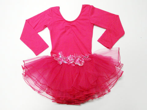 Hot Pink Glitter Rose Long Sleeve Ballet Dress