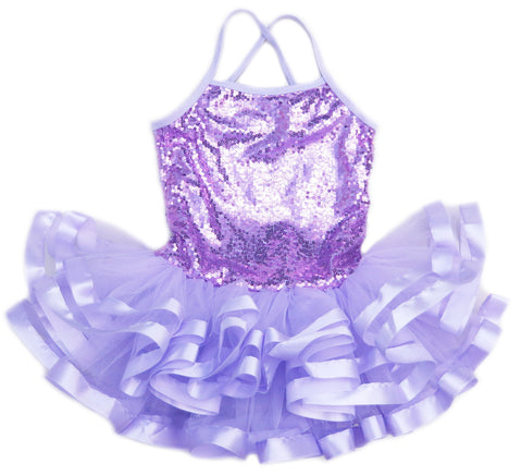 Lavender Sequins Cross Back Ribbon Ballet Dress