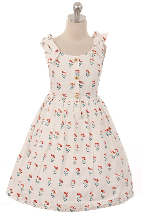 Cotton Shoulder Bow Button Dress