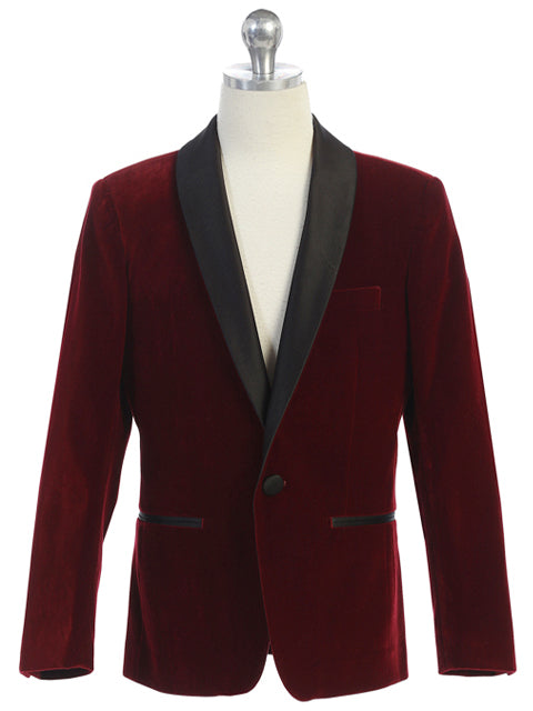 Boys Burgundy Velvet Blazer Shawl Lapel