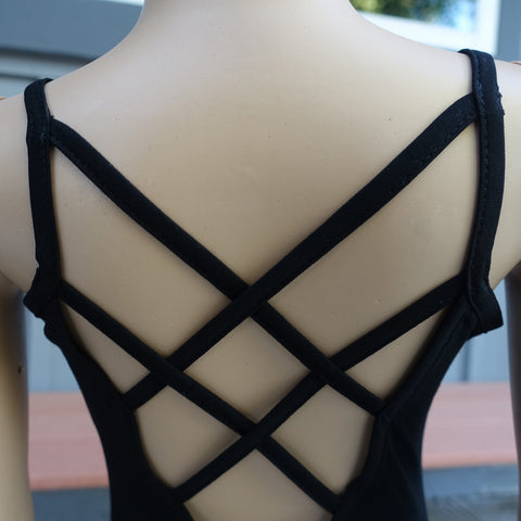 Black Spaghetti Lattice Back Cotton Leotard