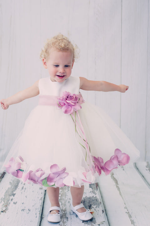 Satin Flower Petal Baby Dress With Organza Sash (White Dress)
