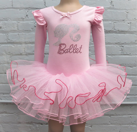 Pink Rhinestone Ballet Girl Long Sleeve Ballet Dress
