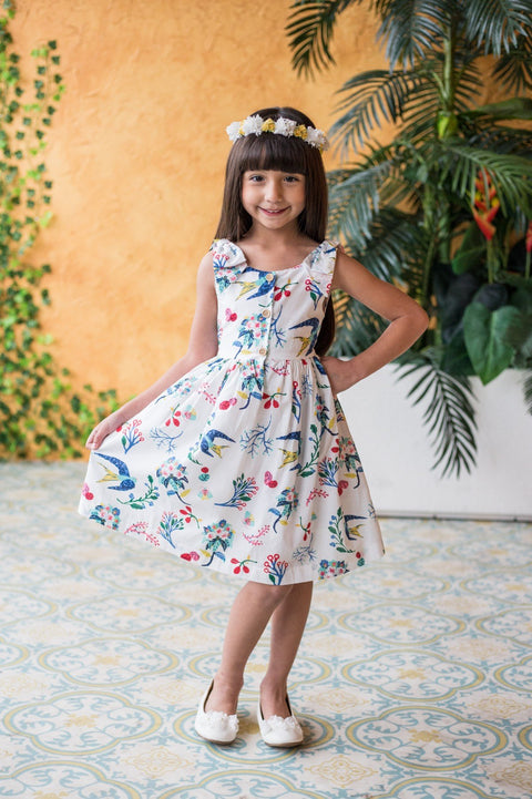 Cotton Shoulder Bow Button Dress